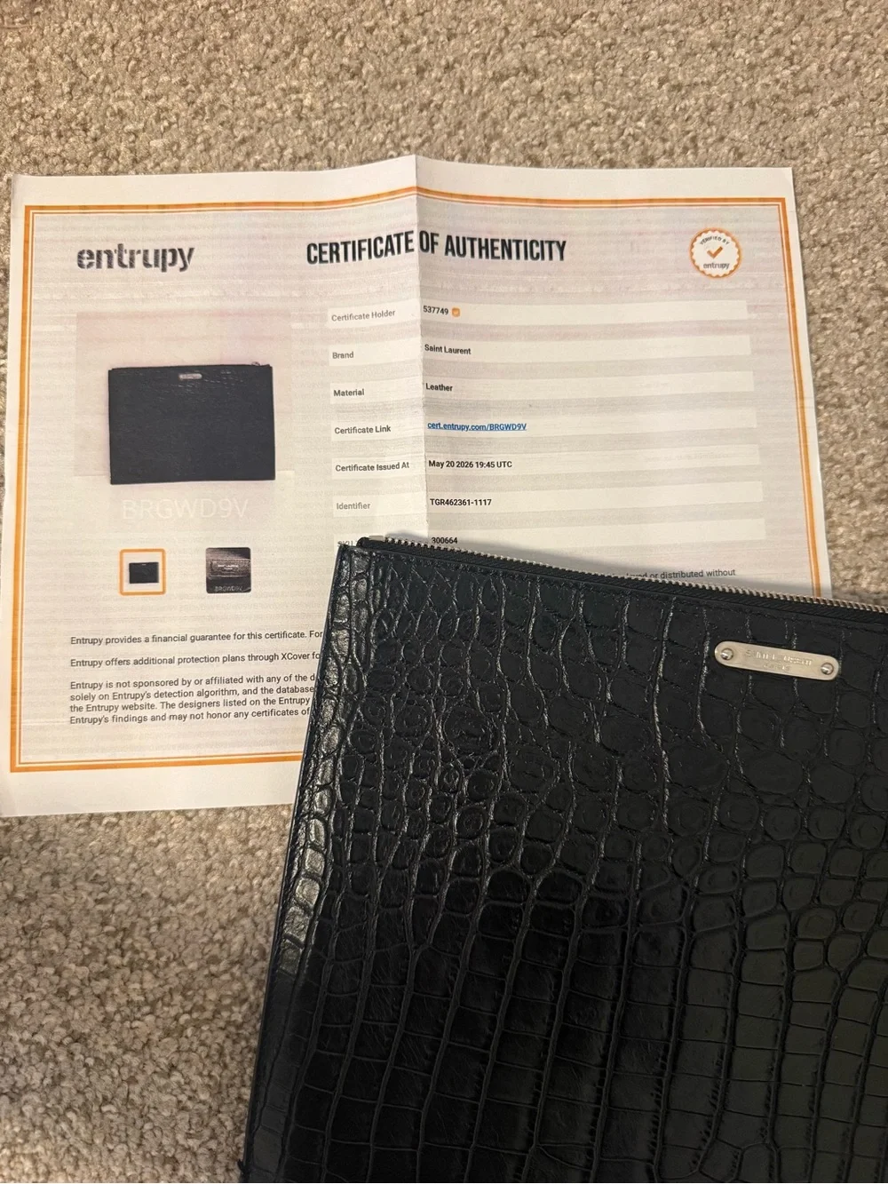 Authentic YSL Croc-Embossed Leather Black Zip Pouch